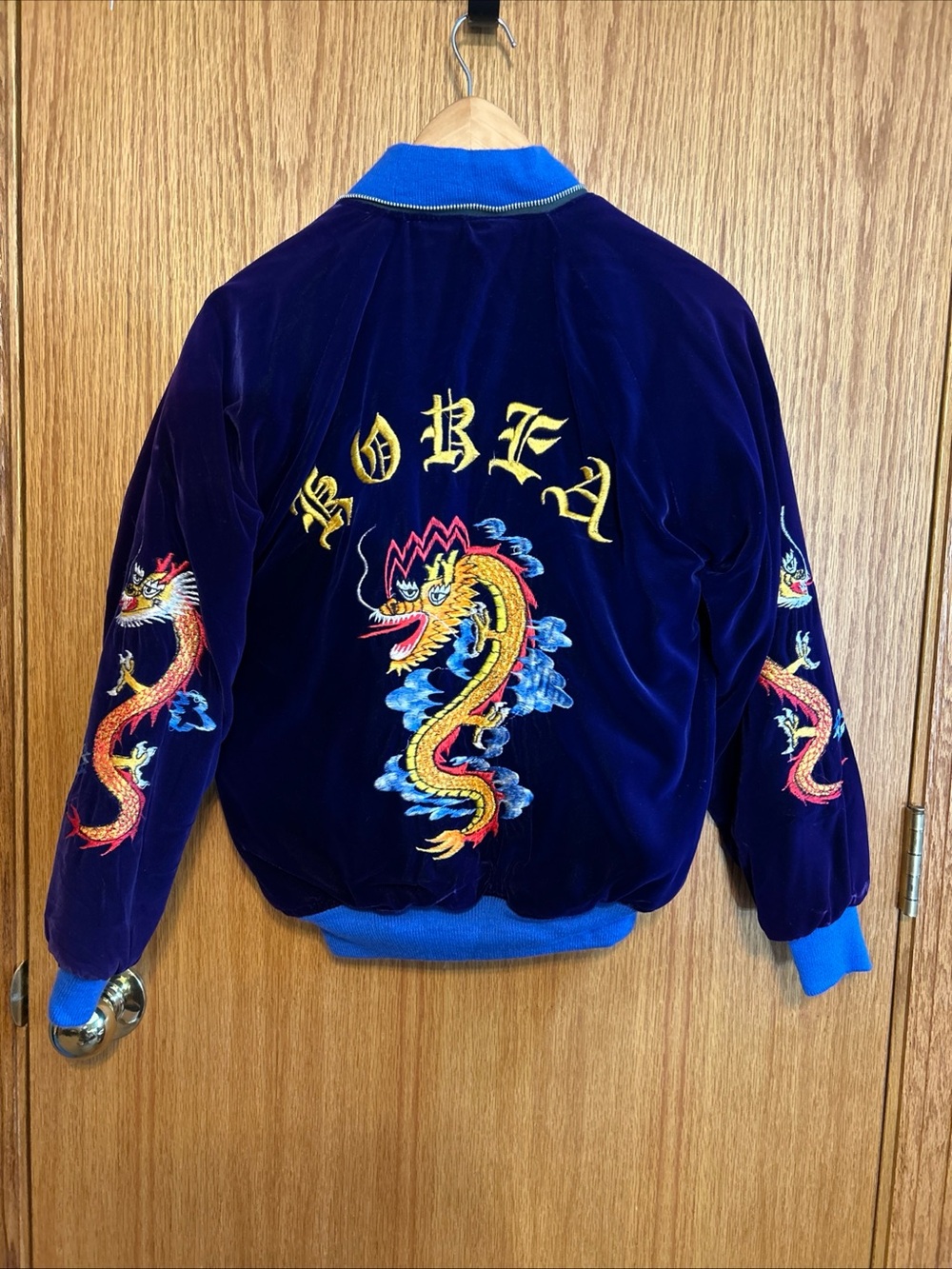 Vintage Velvet Bomber Dragon Embroidered Jacket XS Purple Blue Streetwear Korea